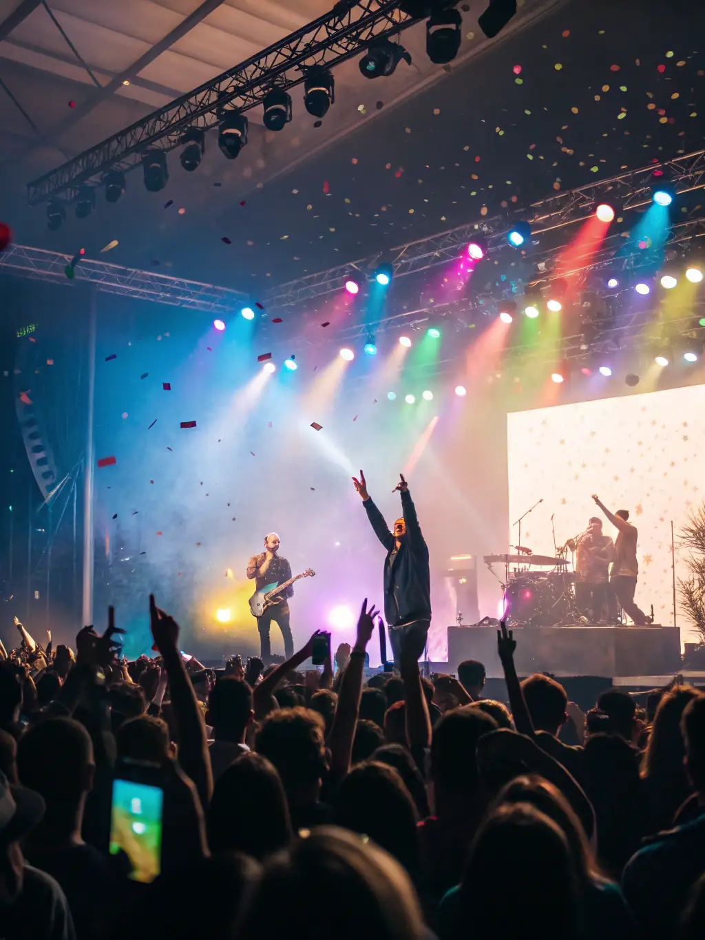 A lively photograph capturing musicians performing on stage during a music performance by Luciole et Grillon, showcasing their energy and musical talent.