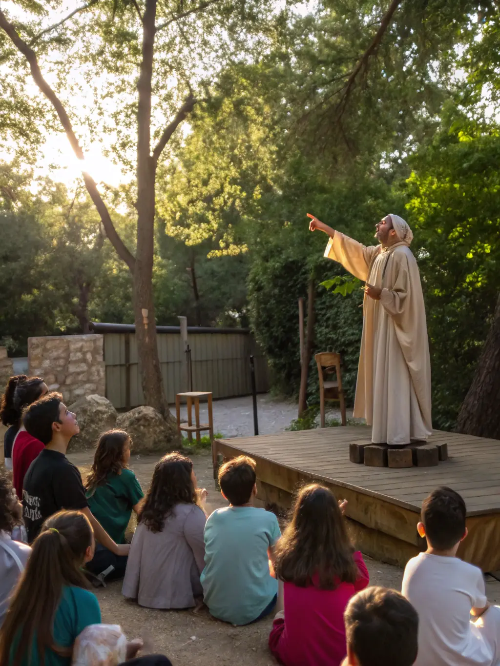 A vibrant image of a storyteller captivating a young audience with expressive gestures and engaging narration during a storytelling show by Luciole et Grillon.
