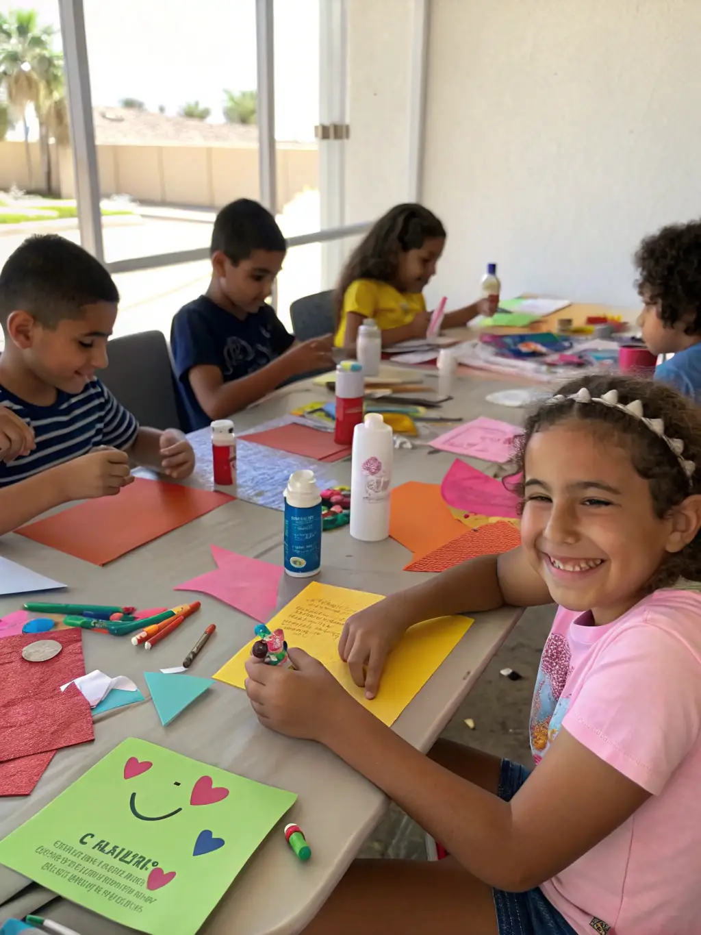 A colorful image of children actively participating in a creative workshop, engaging in hands-on activities and expressing their creativity under the guidance of Luciole et Grillon.